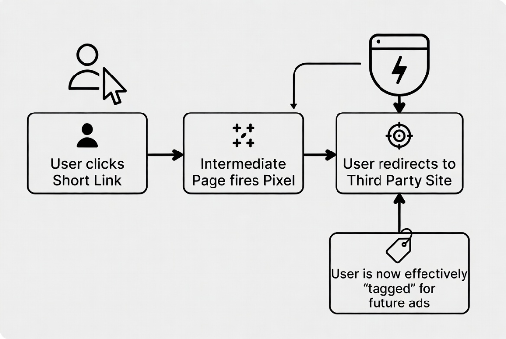 Flowchart showing how Link Retargeting fires a pixel before redirecting