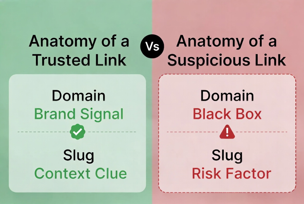 Comparison of a Trusted Link vs a Suspicious Link showing Brand Signals